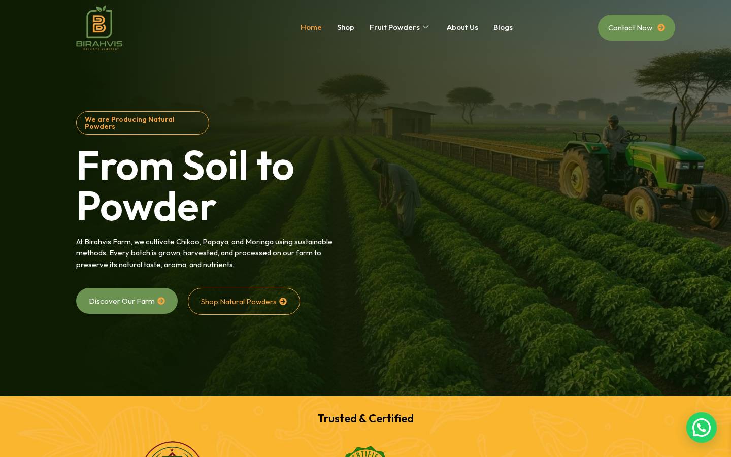 Birahvis Farm website for Organic farm powders