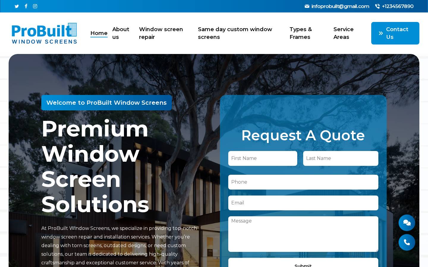 ProBuilt Window Screens website for Window screen contractor, USA